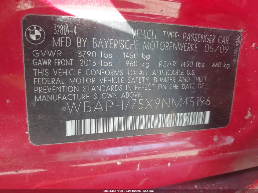 2009 BMW 3 series VIN WBAPH775X9NM45196 IAAI salvage auction — NORMAL WEAR, Parts Only - Bill Of Sale (North Carolina), sold $375 on 2026-07-16 (photo 9)