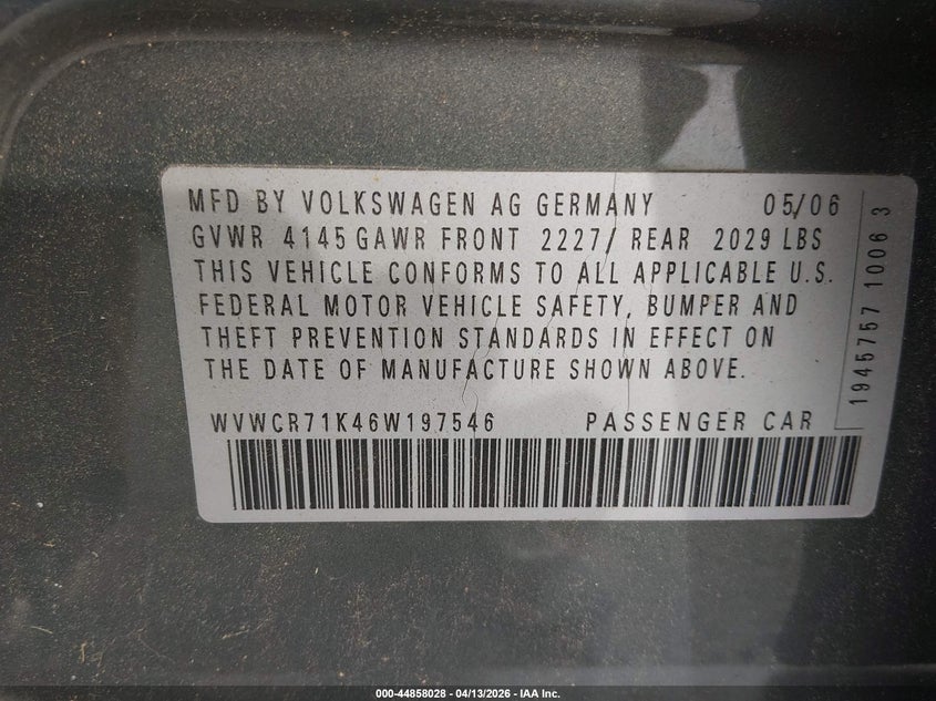 2006 Volkswagen Golf VIN WVWCR71K46W197546 IAAI salvage auction — NORMAL WEAR, Clear (Michigan), sold $450 on 2026-07-13 (photo 9)