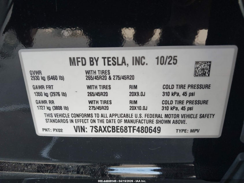 2026 Tesla Model x VIN 7SAXCBE68TF480649 IAAI salvage auction — FRONT END, Wait Title, sold $39,600 on 2026-07-13 (photo 9)