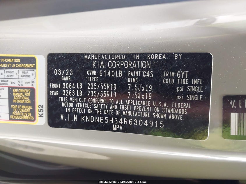 2024 Kia Carnival VIN KNDNE5H34R6304915 IAAI salvage auction — RIGHT FRONT, Wait Title, sold $8,650 on 2026-07-09 (photo 9)