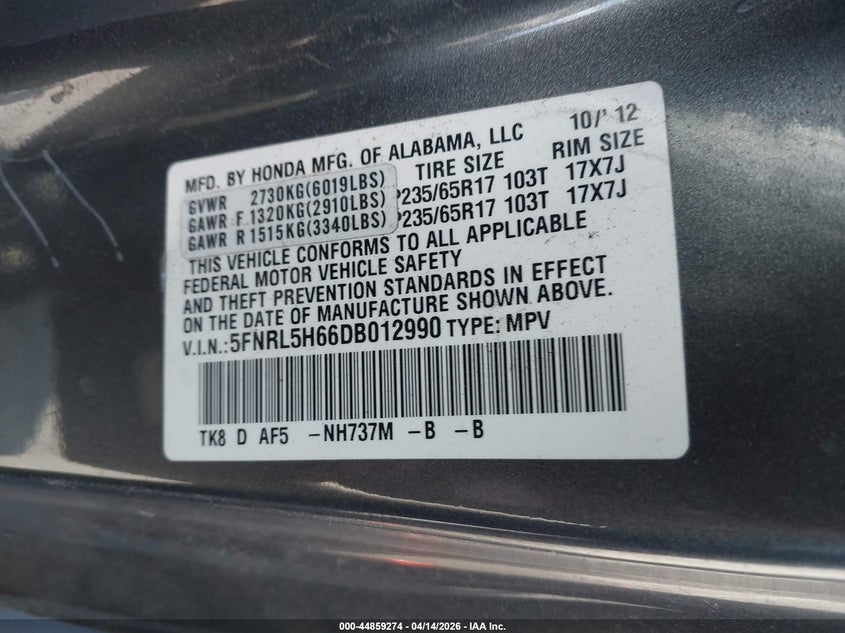 2013 Honda Odyssey VIN 5FNRL5H66DB012990 IAAI salvage auction — RIGHT SIDE, Wait Title, sold $1,200 on 2026-07-09 (photo 9)
