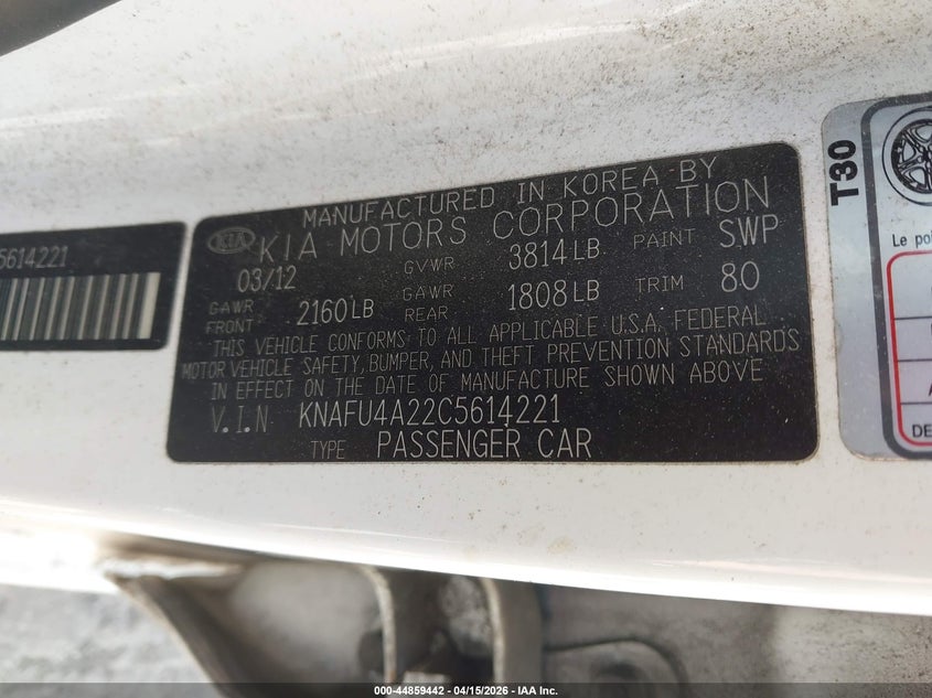 2012 Kia Forte VIN KNAFU4A22C5614221 IAAI salvage auction — FRONT END, Clear (Virginia), sold $350 on 2026-07-24 (photo 9)
