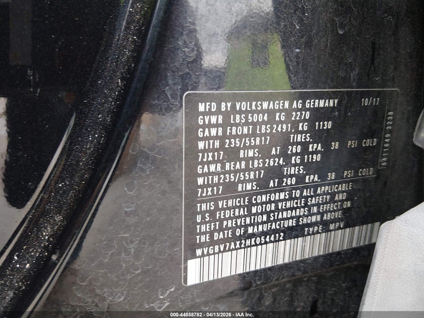 2017 Volkswagen Tiguan VIN WVGBV7AX2HK054412 IAAI salvage auction — RIGHT REAR, Repossessed (Missouri), sold $775 on 2026-07-13 (photo 9)