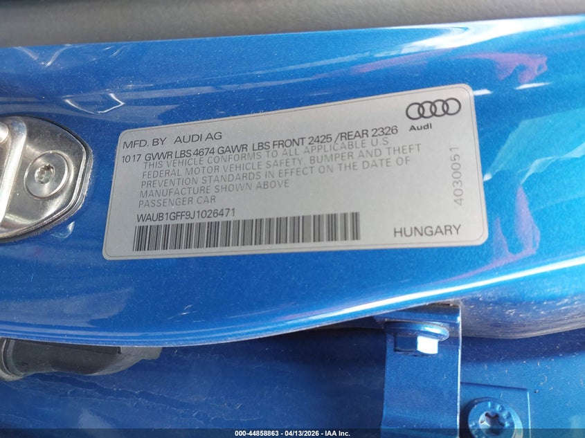 2018 Audi S3 VIN WAUB1GFF9J1026471 IAAI salvage auction — REAR END, Salvage (Iowa), sold $7,350 on 2026-07-13 (photo 9)