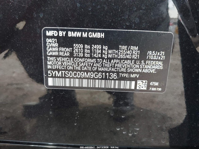 2021 BMW X3 m VIN 5YMTS0C09M9G61136 IAAI salvage auction — FRONT END, Wait Title, sold $9,700 on 2026-07-27 (photo 9)