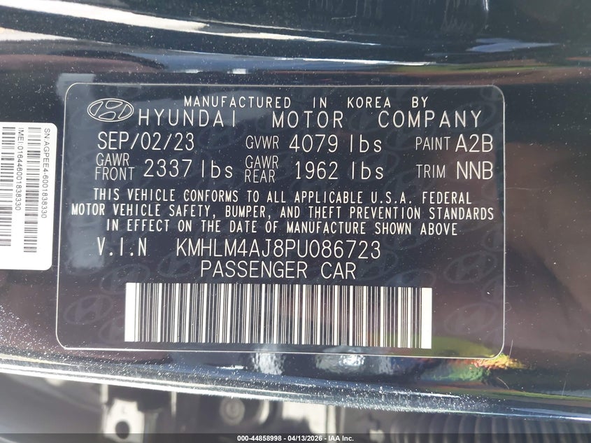 2023 Hyundai Elantra VIN KMHLM4AJ8PU086723 IAAI salvage auction — FRONT END, Wait Title, sold $3,050 on 2026-07-13 (photo 9)