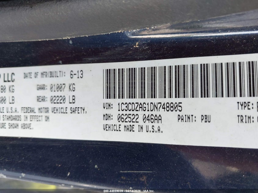 2013 Dodge Avenger VIN 1C3CDZAG1DN748805 IAAI salvage auction — FRONT END, Wait Title, sold $225 on 2026-07-09 (photo 9)