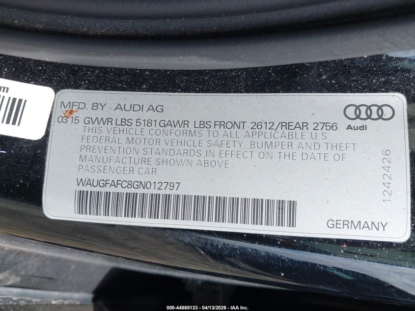 2016 Audi A6 VIN WAUGFAFC8GN012797 IAAI salvage auction — FRONT END, Wait Title, sold $475 on 2026-07-14 (photo 9)