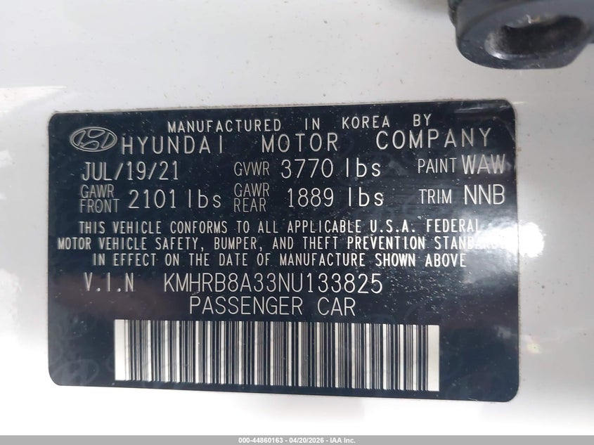 2022 Hyundai Venue VIN KMHRB8A33NU133825 IAAI salvage auction — FRONT & REAR, Salvage Title, sold $1,550 on 2026-07-29 (photo 9)