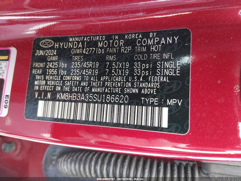 2025 Hyundai Kona VIN KM8HB3A35SU186620 IAAI salvage auction — REAR END, Wait Title, sold $8,000 on 2026-07-06 (photo 9)