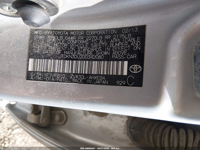 2013 Toyota Prius VIN JTDKN3DU2D0342080 IAAI salvage auction — FRONT END, Salvage Title, sold $1,150 on 2026-07-22 (photo 9)