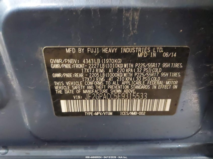 2014 Subaru Xv VIN JF2GPACC5E9315533 IAAI salvage auction — RIGHT FRONT, Salvage (Maine), sold $775 on 2026-07-27 (photo 9)