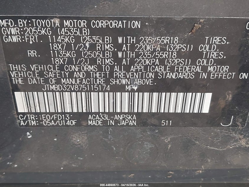 2007 Toyota Rav 4 VIN JTMBD32V875115174 IAAI salvage auction — LEFT FRONT, Salvage (Texas), sold $1,350 on 2026-07-13 (photo 9)