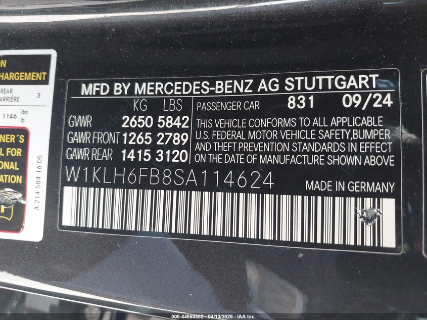 2025 Mercedes-benz E-klasse VIN W1KLH6FB8SA114624 IAAI salvage auction — LEFT REAR, Original (Texas), sold $23,450 on 2026-07-06 (photo 9)