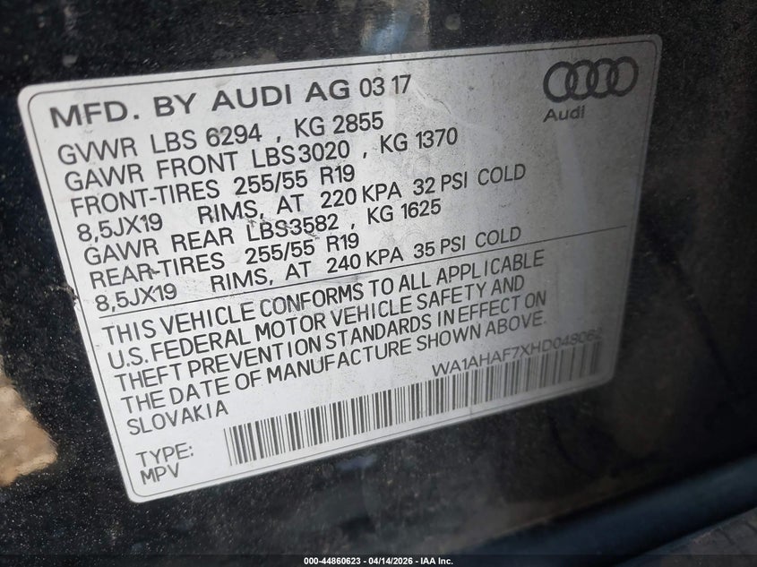 2017 Audi Q7 VIN WA1AHAF7XHD048062 IAAI salvage auction — LEFT & RIGHT, Wait Title, sold $1,950 on 2026-07-29 (photo 9)
