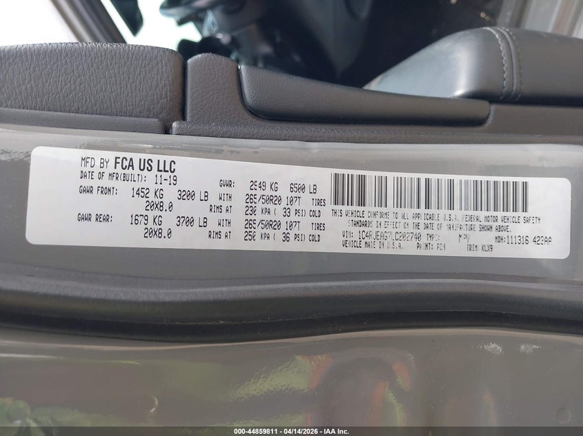 2020 Jeep Grand cherokee VIN 1C4RJEAG7LC202740 IAAI salvage auction — HAIL, Wait Title, sold $7,200 on 2026-07-29 (photo 9)