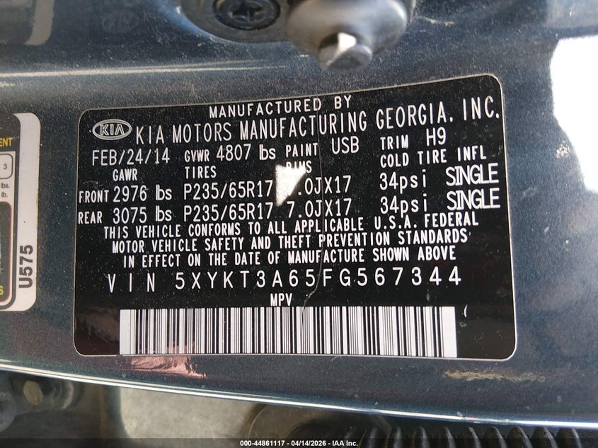 2015 Kia Sorento VIN 5XYKT3A65FG567344 IAAI salvage auction — SIDE, Clear (South Carolina), sold $1,625 on 2026-07-08 (photo 9)