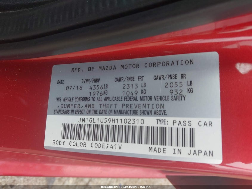 2017 Mazda 6 VIN JM1GL1U59H1102310 IAAI salvage auction — LEFT FRONT, Original (Texas), sold $3,000 on 2026-07-07 (photo 9)