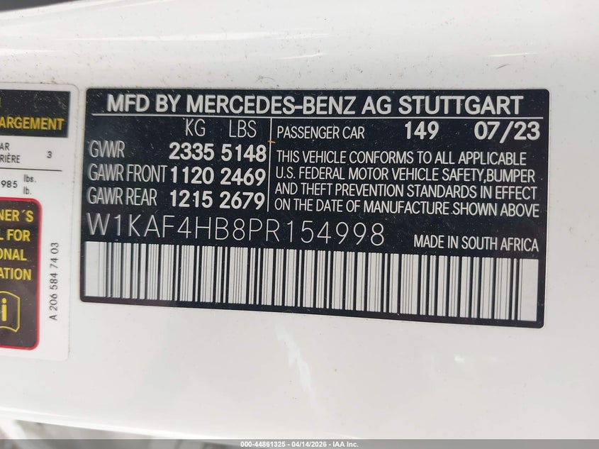 2023 Mercedes-benz C-klasse VIN W1KAF4HB8PR154998 IAAI salvage auction — FRONT END, Wait Title, sold $18,200 on 2026-07-09 (photo 9)