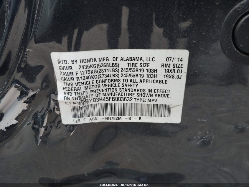 2015 Acura Mdx VIN 5FRYD3H45FB003632 IAAI salvage auction — SIDE, Salvage Title, sold $1,800 on 2026-07-12 (photo 9)