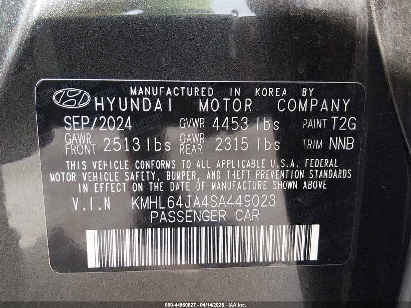 2025 Hyundai Sonata VIN KMHL64JA4SA449023 IAAI salvage auction — RIGHT FRONT, Wait Title, sold $8,150 on 2026-07-14 (photo 9)