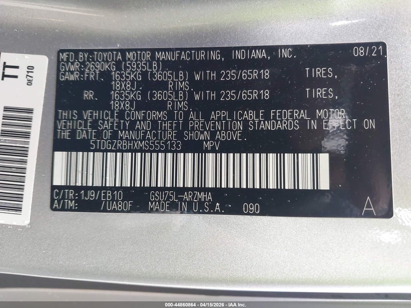 2021 Toyota Highlander VIN 5TDGZRBHXMS555133 IAAI salvage auction — UNKNOWN, Salvage (Illinois), sold $8,800 on 2026-07-28 (photo 9)