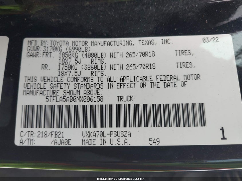 2022 Toyota Tundra VIN 5TFLA5AB0NX006158 IAAI salvage auction — RIGHT FRONT, Original (Texas), sold $15,450 on 2026-07-09 (photo 9)