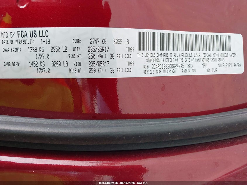 2019 Chrysler Pacifica VIN 2C4RC1BG2KR624745 IAAI salvage auction — FRONT END, Original (Texas), sold $3,050 on 2026-07-09 (photo 9)