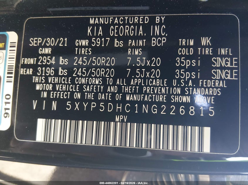 2022 Kia Telluride VIN 5XYP5DHC1NG226815 IAAI salvage auction — LEFT FRONT, Salvage (South Carolina), sold $4,650 on 2026-07-08 (photo 9)