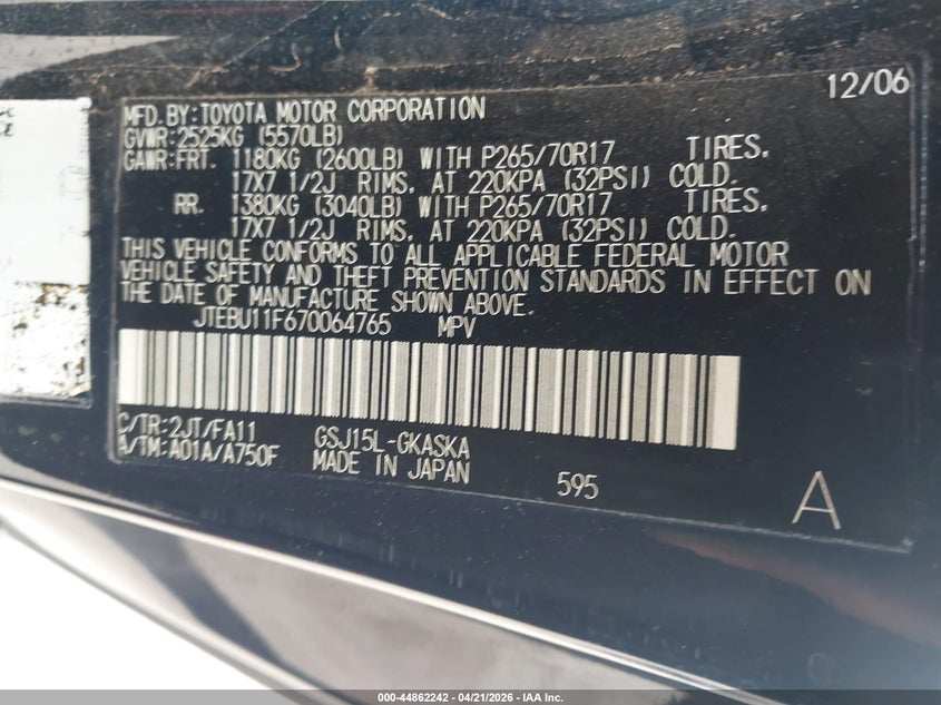 2007 Toyota Fj cruiser VIN JTEBU11F670064765 IAAI salvage auction — FRONT END, Clear (Oklahoma), sold $3,200 on 2026-07-15 (photo 9)