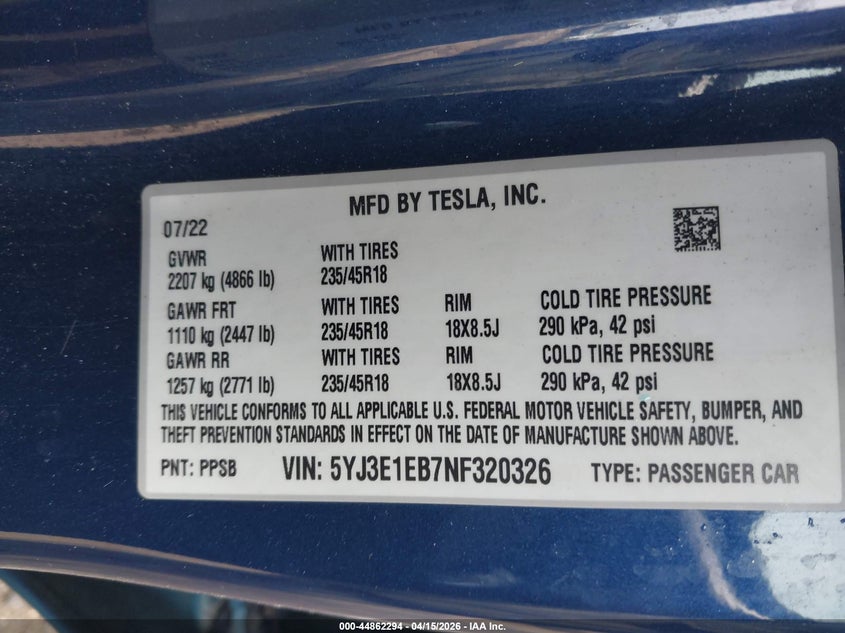 2022 Tesla Model 3 VIN 5YJ3E1EB7NF320326 IAAI salvage auction — REAR END, Salvage (Pennsylvania), sold $6,700 on 2026-07-24 (photo 9)