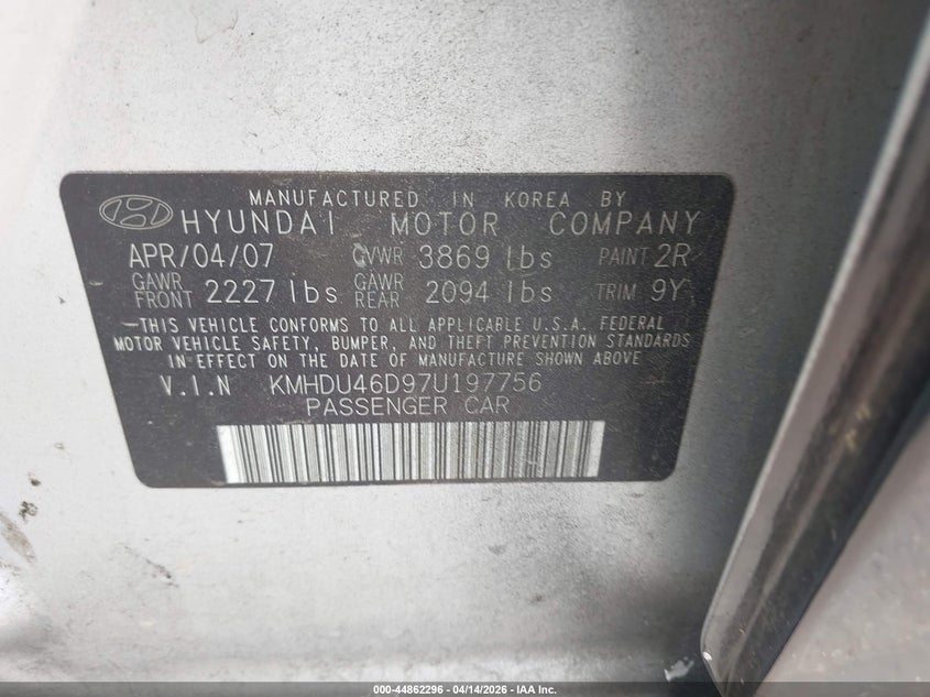 2007 Hyundai Elantra VIN KMHDU46D97U197756 IAAI salvage auction — FRONT END, Salvage (Idaho), sold $125 on 2026-07-07 (photo 9)