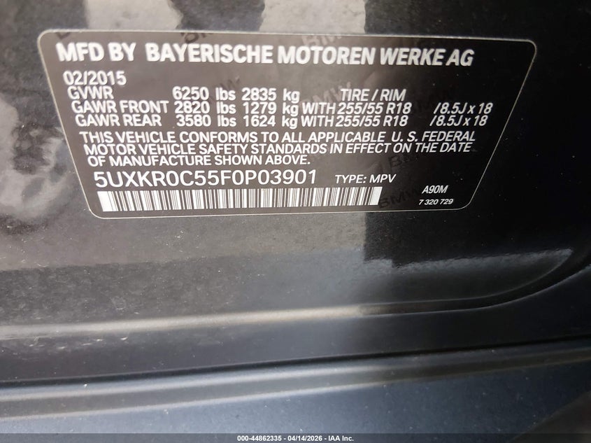 2015 BMW X5 VIN 5UXKR0C55F0P03901 IAAI salvage auction — SIDE, Wait Title, sold $3,550 on 2026-07-12 (photo 9)