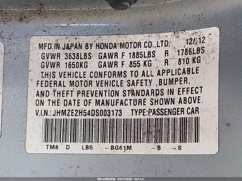2013 Honda Insight VIN JHMZE2H54DS003173 IAAI salvage auction — RIGHT SIDE, Salvage (Oregon), sold $1,350 on 2026-07-09 (photo 9)