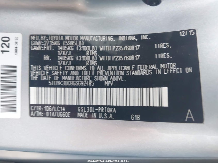 2016 Toyota Sienna VIN 5TDYK3DC8GS692485 IAAI salvage auction — LEFT FRONT, Original (Texas), sold $4,500 on 2026-07-07 (photo 9)