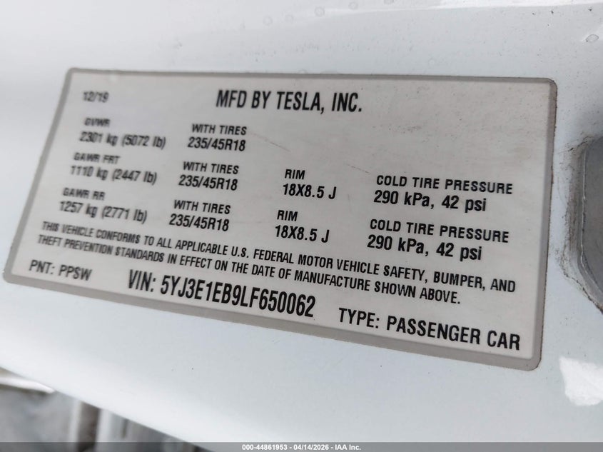 2020 Tesla Model 3 VIN 5YJ3E1EB9LF650062 IAAI salvage auction — FRONT END, Salvage (Oregon), sold $5,700 on 2026-07-31 (photo 9)