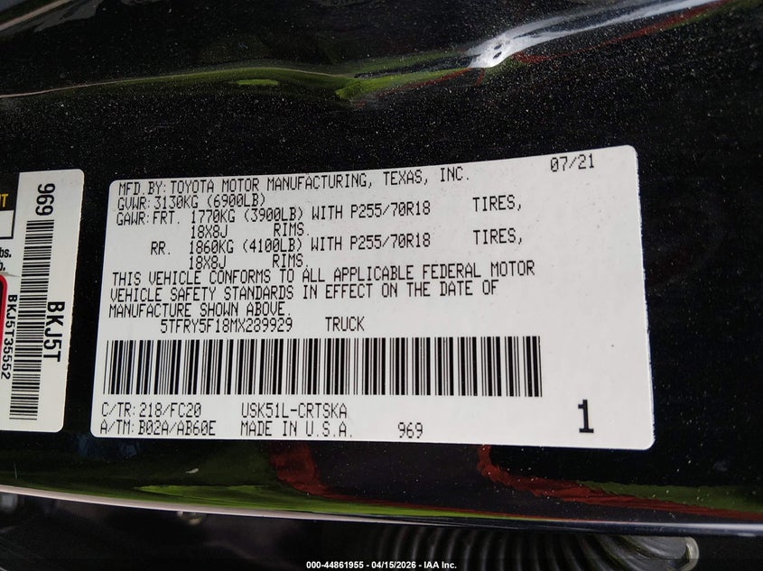 2021 Toyota Tundra VIN 5TFRY5F18MX289929 IAAI salvage auction — RIGHT SIDE, Wait Title, sold $10,750 on 2026-07-13 (photo 9)