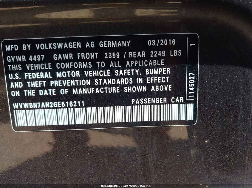 2016 Volkswagen Passat cc VIN WVWBN7AN2GE516211 IAAI salvage auction — UNKNOWN, Wait Title, sold $2,700 on 2026-08-11 (photo 9)