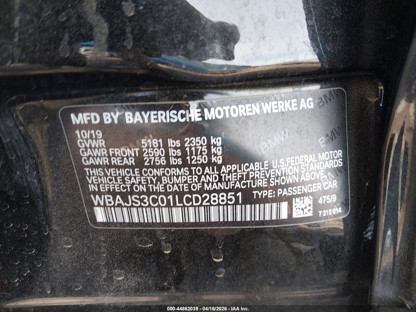 2020 BMW 5er VIN WBAJS3C01LCD28851 IAAI salvage auction — LEFT SIDE, Wait Title, sold $16,350 on 2026-07-15 (photo 9)
