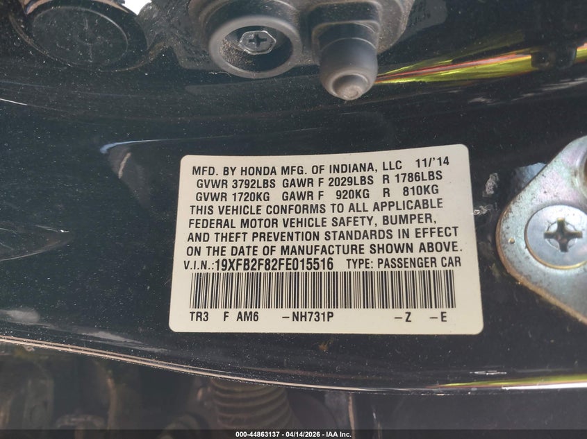 2015 Honda Civic VIN 19XFB2F82FE015516 IAAI salvage auction — FRONT END, Wait Title, sold $925 on 2026-08-23 (photo 9)
