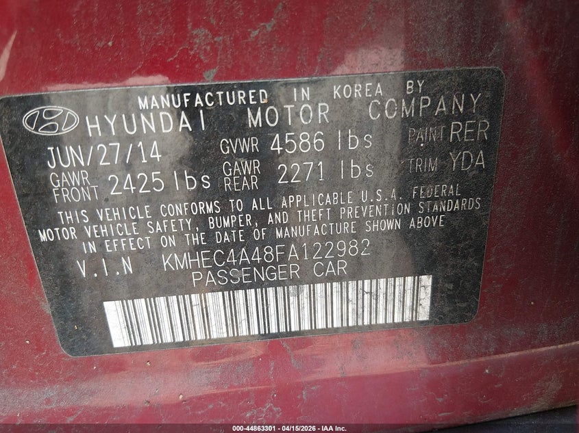 2015 Hyundai Sonata VIN KMHEC4A48FA122982 IAAI salvage auction — LEFT FRONT, Clear (Virginia), sold $425 on 2026-07-08 (photo 9)
