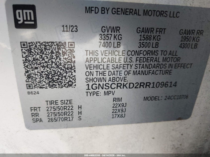 2024 Chevrolet Tahoe VIN 1GNSCRKD2RR109614 IAAI salvage auction — FRONT END, Wait Title, sold $9,700 on 2026-07-29 (photo 9)