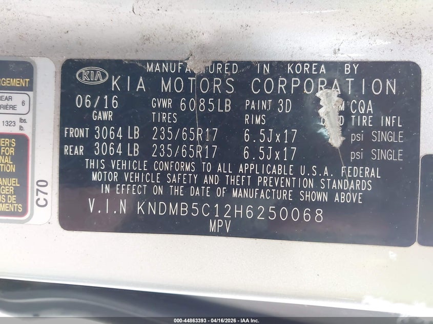 2017 Kia SEDONA VIN KNDMB5C12H6250068 IAAI salvage auction — FRONT END, Clear (Indiana), sold $750 on 2026-07-28 (photo 9)