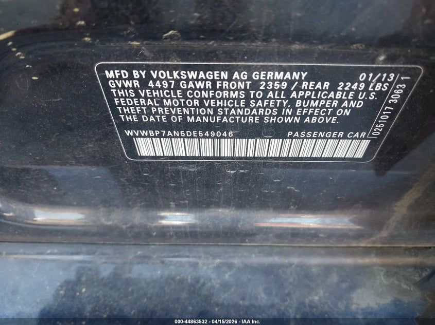 2013 Volkswagen Passat cc VIN WVWBP7AN5DE549046 IAAI salvage auction — NORMAL WEAR, Clear-Dealer Only (Montana), sold $550 on 2026-07-06 (photo 9)