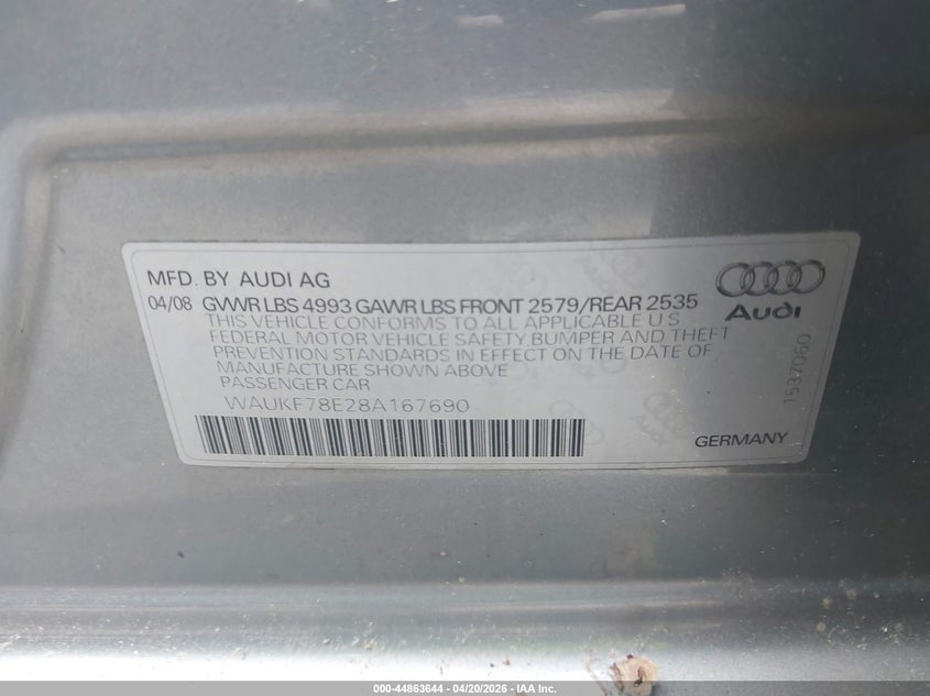 2008 Audi A4 VIN WAUKF78E28A167690 IAAI salvage auction — NORMAL WEAR, Clear (Michigan), sold $925 on 2026-07-20 (photo 9)