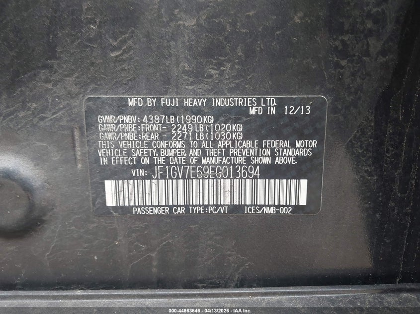 2014 Subaru Impreza wrx VIN JF1GV7E69EG013694 IAAI salvage auction — FRONT END, Salvage (Texas), sold $1,100 on 2026-07-28 (photo 9)