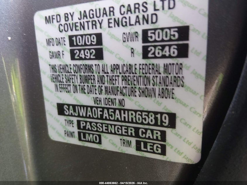 2010 Jaguar Xf VIN SAJWA0FA5AHR65819 IAAI salvage auction — FRONT END, Salvage (South Carolina), sold $300 on 2026-07-22 (photo 9)