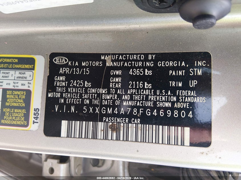 2015 Kia Optima VIN 5XXGM4A78FG469804 IAAI salvage auction — LEFT REAR, Wait Title, sold $650 on 2026-07-16 (photo 9)