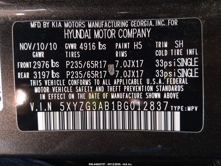 2011 Hyundai Santa fe VIN 5XYZG3AB1BG012837 IAAI salvage auction — RIGHT REAR, Clear (Hawaii), sold $425 on 2026-07-07 (photo 9)