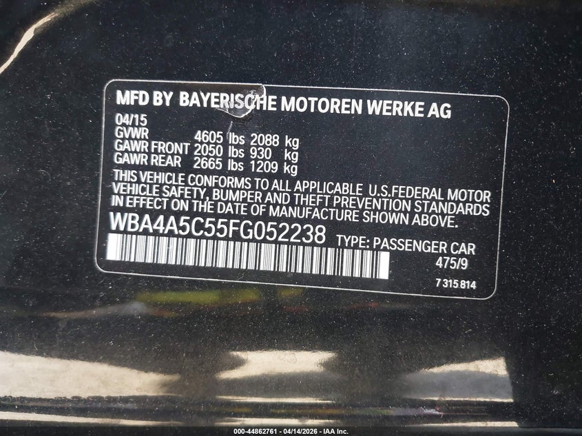 2015 BMW 4 series VIN WBA4A5C55FG052238 IAAI salvage auction — FRONT END, Wait Title, sold $550 on 2026-07-22 (photo 9)
